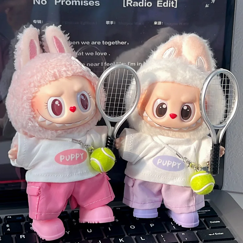 

For 17cm Labubu Doll Clothes Accessories Casual T-Shirt Cargo Pants Sports Suit Plush Dolls Tennis Racket/Earphone Decoration