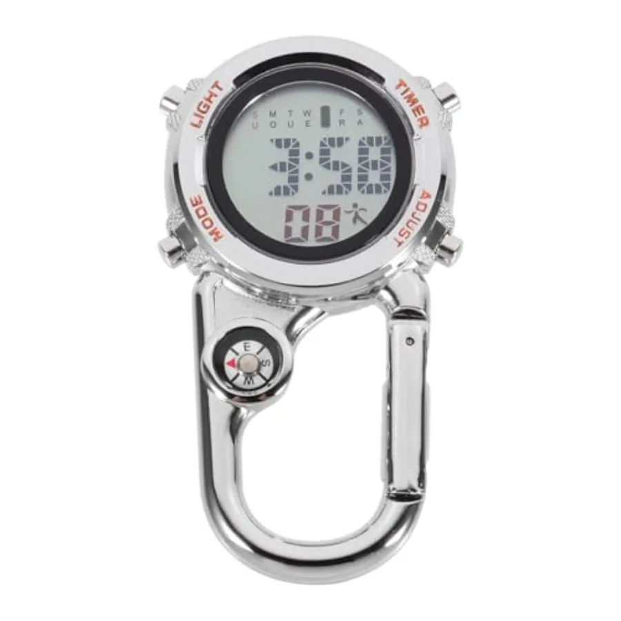 

Men's Outdoor Adventureclip Watch, Clip on Digital Carabiner Watch for Time and Direction Display Outdoor Sports, Silver, Novel
