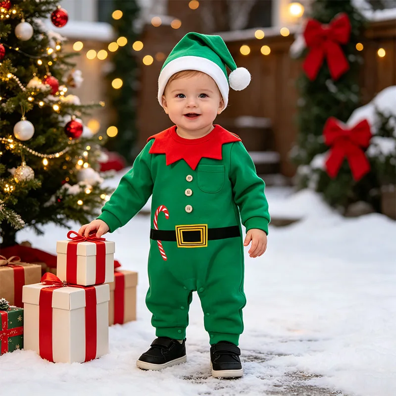 Baby Boy Christmas Elf Costume 2Pcs Set Long Sleeve Green Jumpsuit with Elf Hat Infant Newborn Xmas Party Photo Outfit
