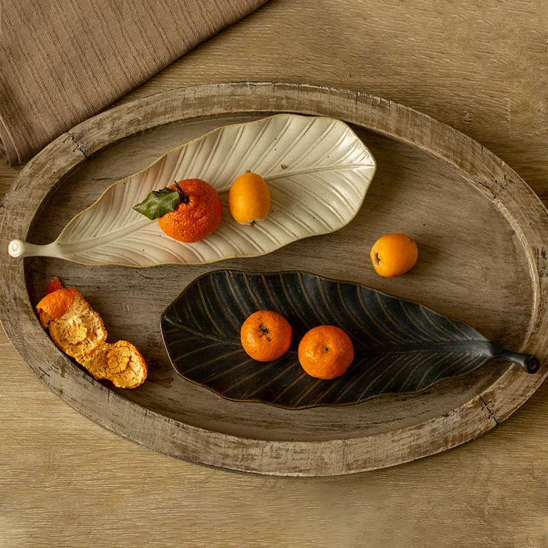 Vintage Leaf Ceramic Creative Long Plate Sushi Plate Home Western Cuisine Pastry Exquisite Dessert Plate