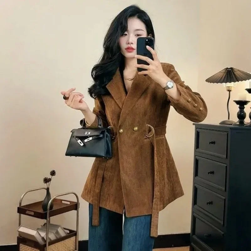 

Стеганый и теплый винтажный пиджак на осень и зиму, дизайнерский стиль, утягивающий пиджак с поясом, женская верхняя одежда w1514