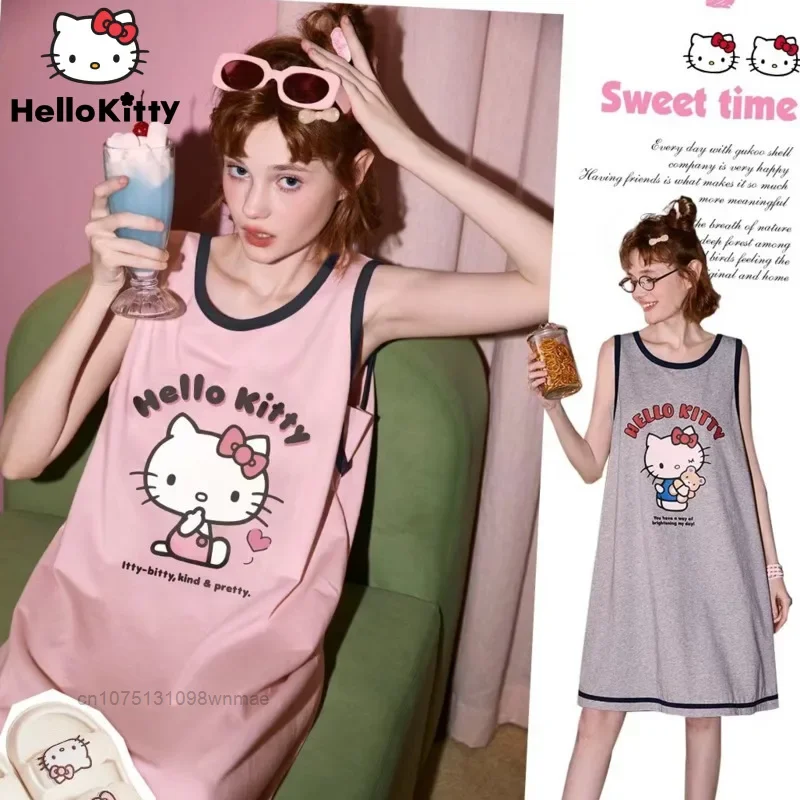 Hello Kitty One-piece Nightgown Summer New Tank Dress Sanrio Cute Cartoon Pajama Skirt Thin Sleeveless Pure Cotton Home Clothes