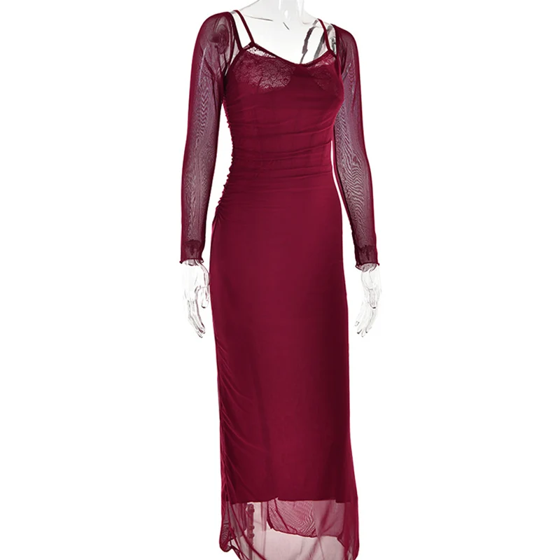 Abiti sexy con scollo a V in pizzo Donna Sheer Patchwork Bodyon Abito a maniche lunghe Petto basso Backless Dimagrante Abiti da sera Clubwear