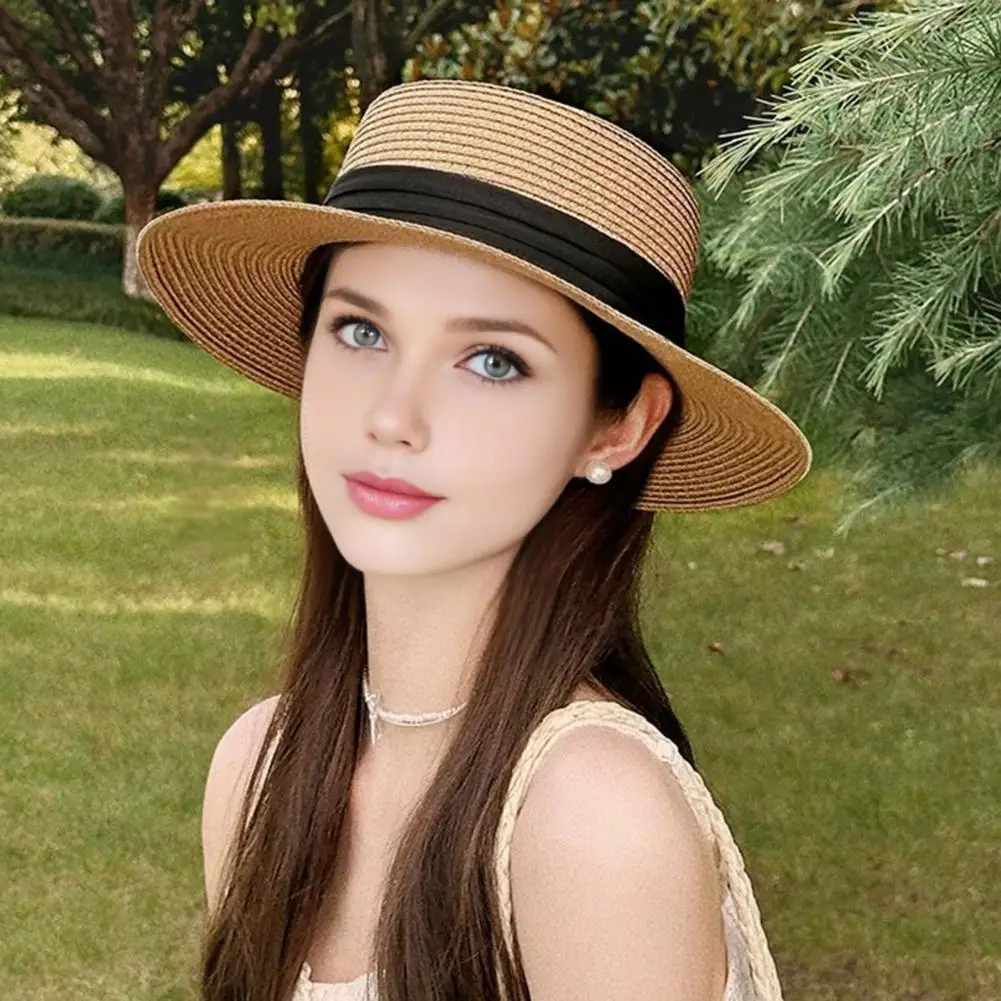 Foldable Straw Hat Natural Straw Hat Flat Straw Hat with Wide Brim Natural Weaving Sun Protection Summer Beach Featuring Ribbon