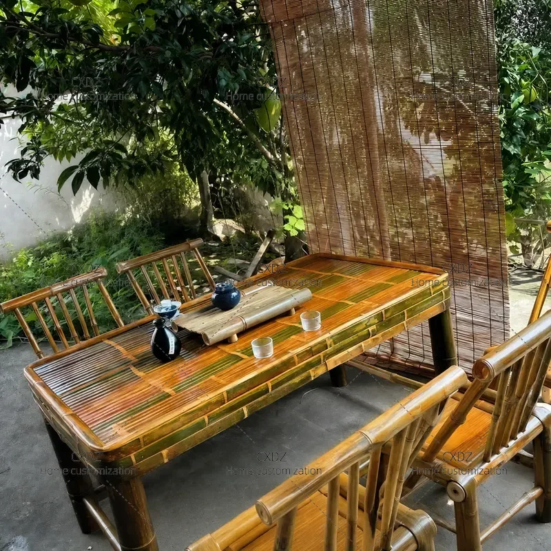 Pure Handmade Bamboo Table Carbonized Dining Coffee Table for Office Home Courtyard Hot Pot Retro Stool Chair