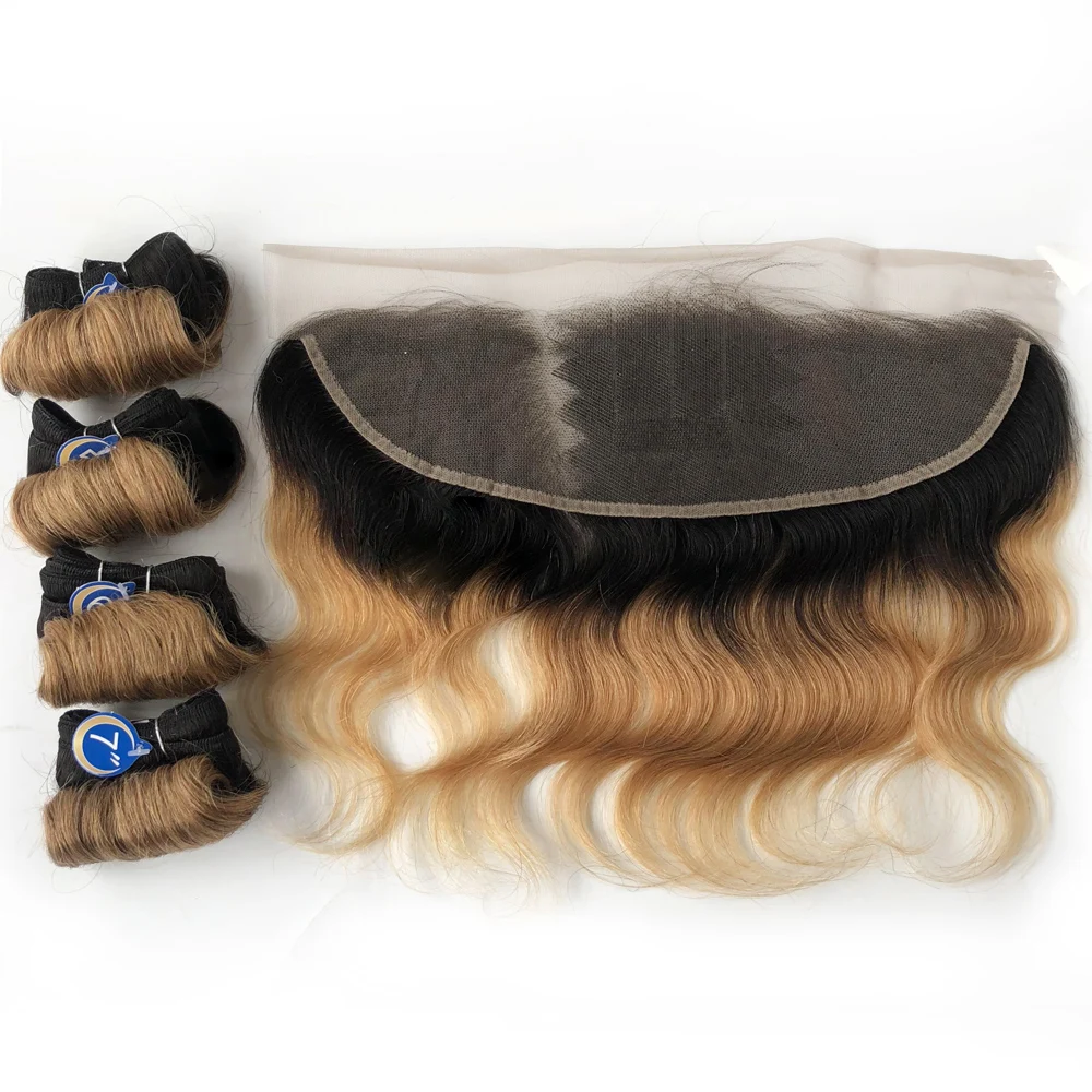 Fasci di onde del corpo Ombre con fasci di capelli umani indiani frontali con chiusura in pizzo colorato 1B 27 30 99J fasci di estensioni dei capelli