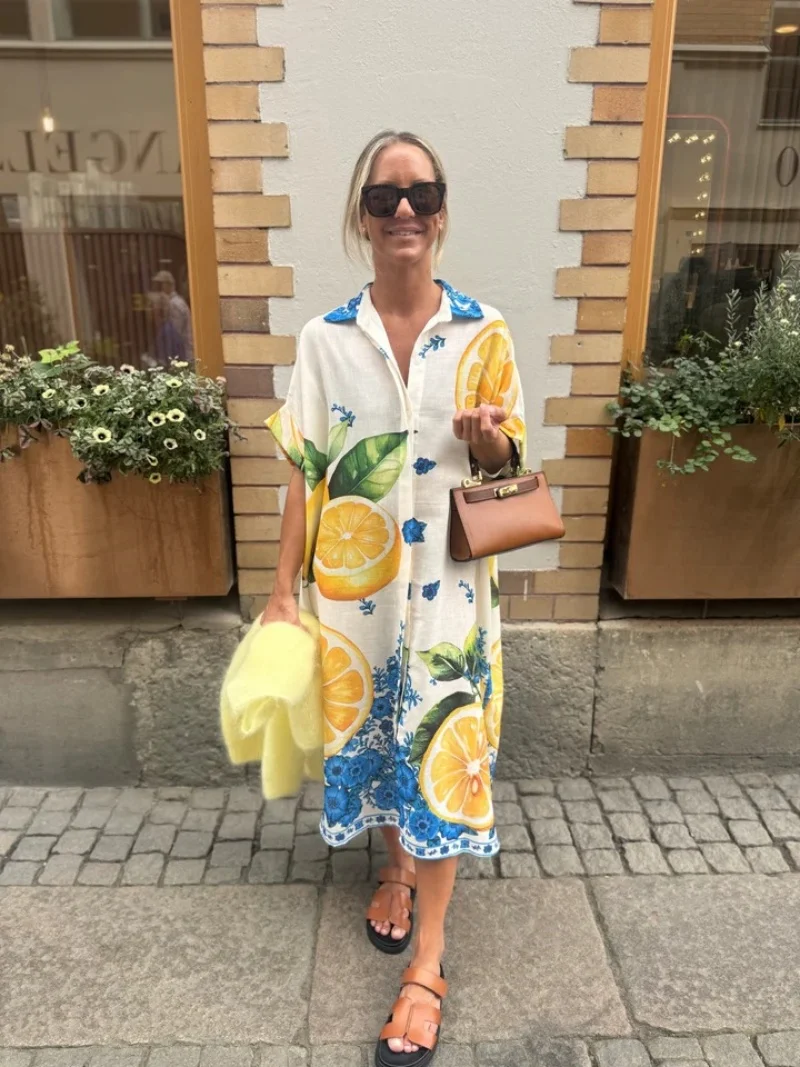 

Summer 2025 plus Size Lemon Print Loose Casual Short-Sleeved Shirt Dress Women's Fashion Comfortable Fit Summer Dress