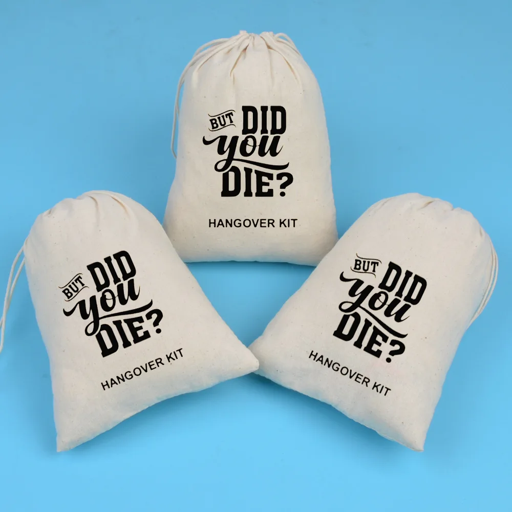50Pcs/lot 10*15, 13*18, 15*20cm Hangover Tool Bag Holiday Cotton Drawstring Pouch Wedding Party Favor Bags Print Logo