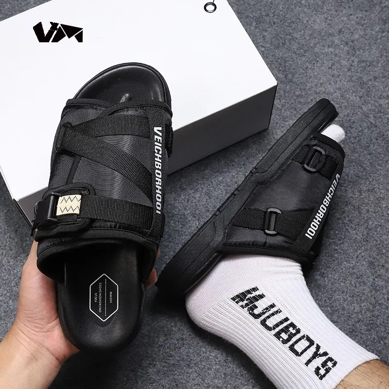 

One word drag couple outdoor sport 2024 Reflective slippers Summer Men's CasualSlippers Fashion Couple Beach Sandals Men shoes