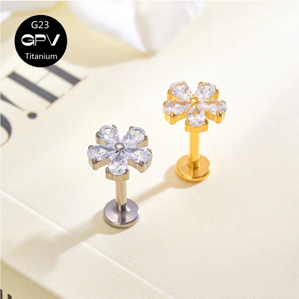 

ASMT G23 Titanium Earnail Flower 5A Zircon Internal Thread 16G Vacuum Gold Plated Women's Ear Cartilage Nail Perforated Jewelry