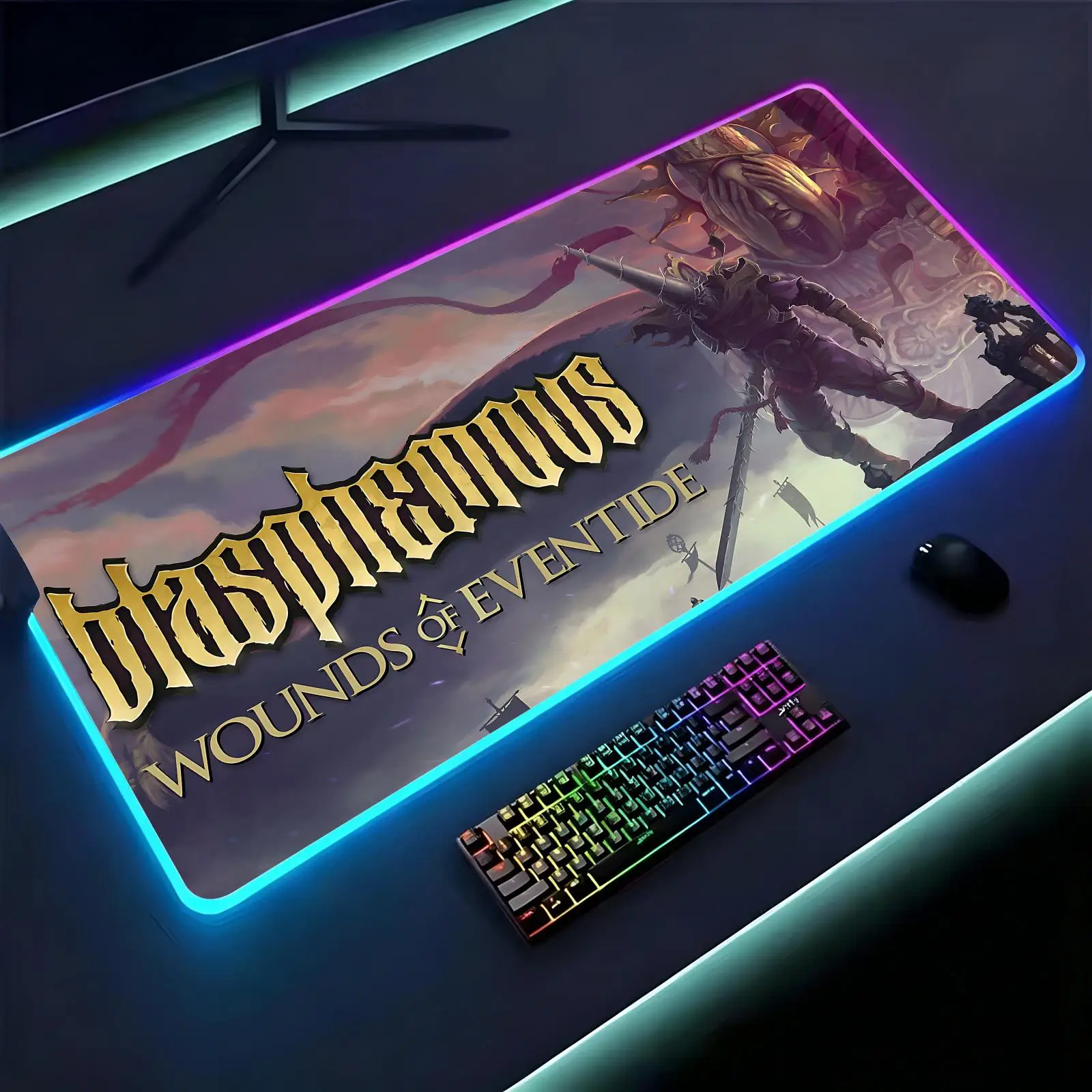 

Large RGB backlit esports gaming mouse pad, smooth soft cloth surface, LED luminous extended desk mat Blasphemous
