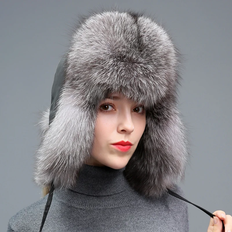 Real Fox Fur Hat For Women Winter Luxury Lei Feng Hat With Ear Protector Russians Thickened Warm Fur Cap Natural Fur Bomber Hatt