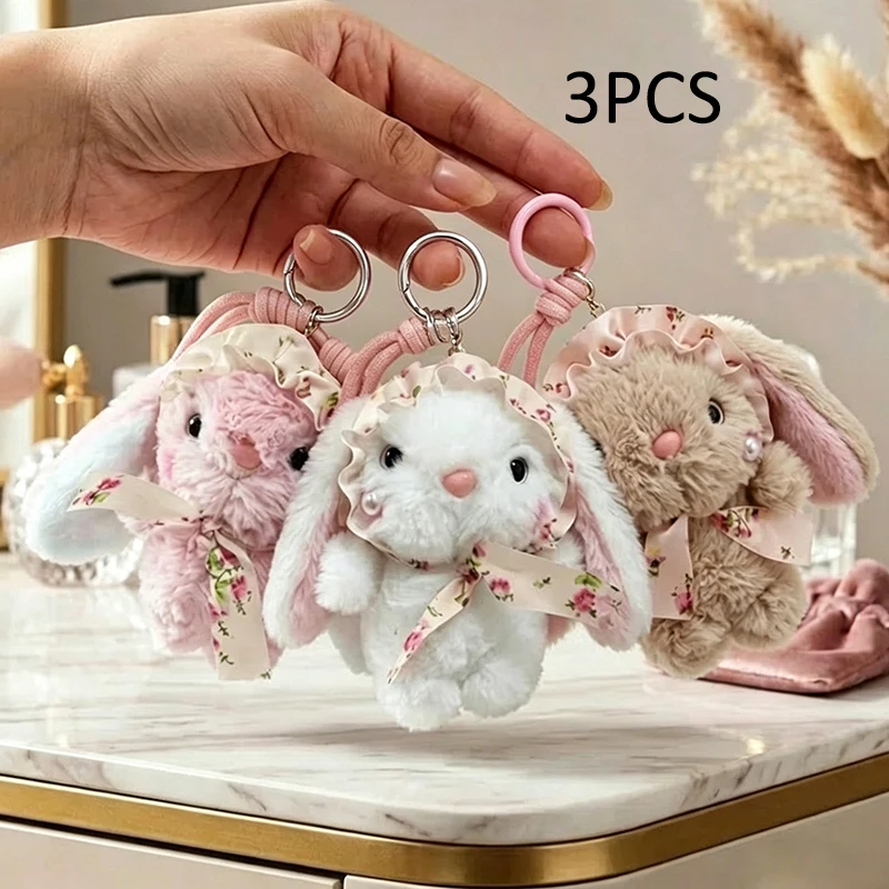 1pc Trendy Plush Rabbit White Pink Keychain for Woman with Cute Charm Soft Decorative Accessory for Bags New Year Gift Body Kit