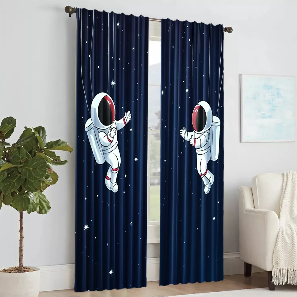 2Pcs Modern Space Astronaut Blackout Curtains Deep Blue Starry Sky Cartoon Spaceman Print Drapes For Bedroom Study Living
