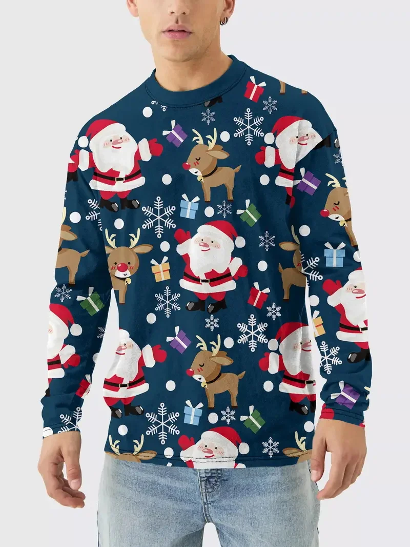 Men\'s Merry Christmas Long Sleeve T Shirt Clothes 3d Print Funny Santa Claus Pattern Tshirts Mens Large Size Tee Shirt Tops