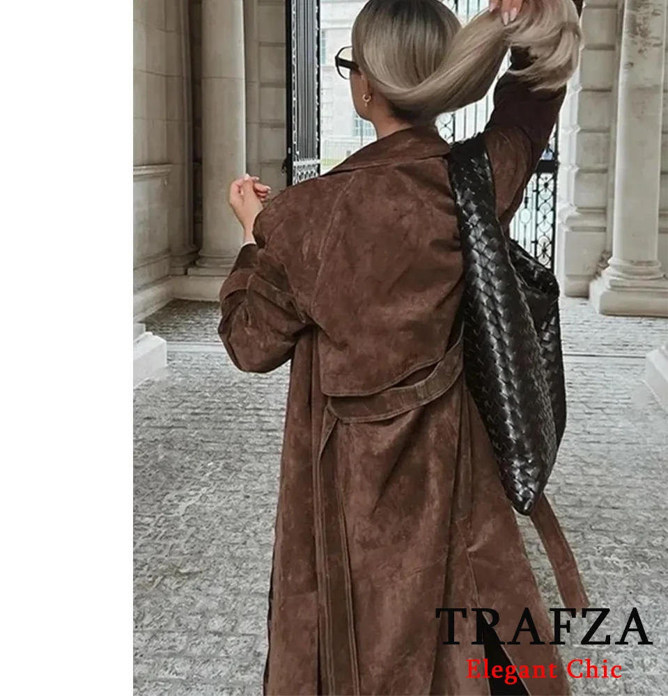 TRAFZA-Women Vintage Płaszcz z paskiem Długi płaszcz z klapami Sznurowane guziki Długi płaszcz Nowy 2024 Jesień Zima Moda Klasyczny Vintage Długi