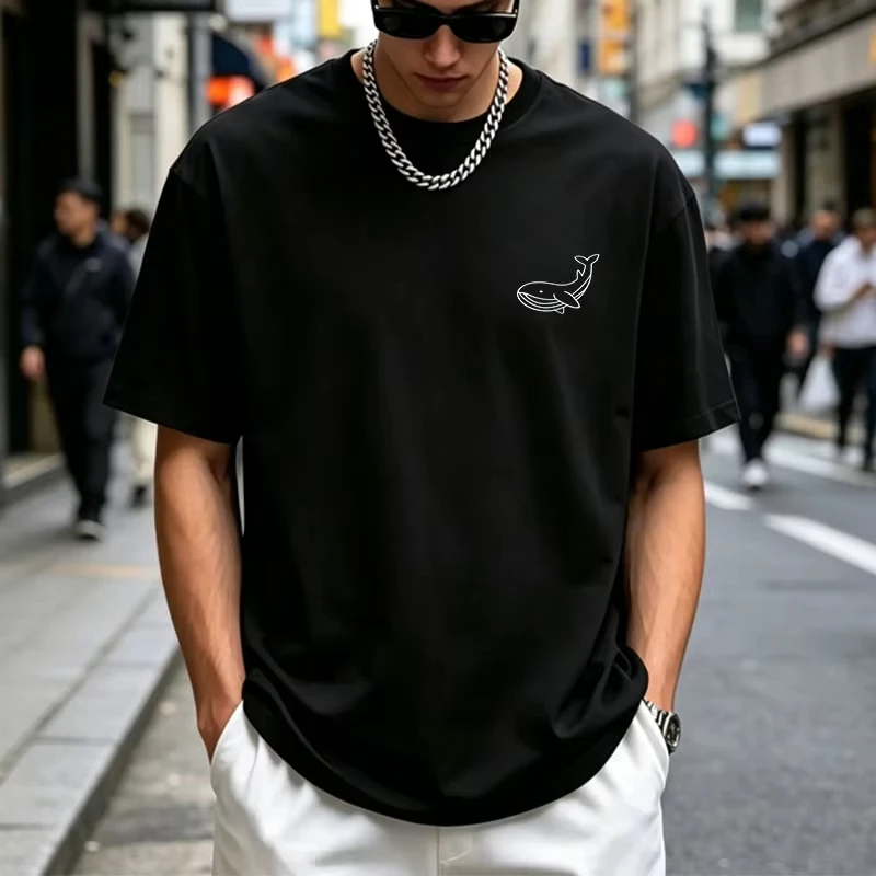 Men's Summer Cotton Fashionable Casual Sports Loose Large Whale Pattern Printed Round Neck Short Sleeve T-shirt Top