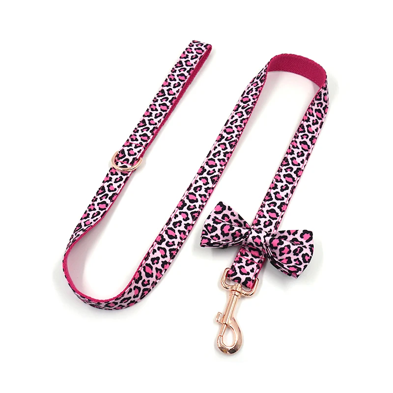 Pink Leopard Dog Harness for Girl Dogs Personalized Name Engraved Pet Collar with Safety Metal Buckles Bowtie Puppy Harness Set