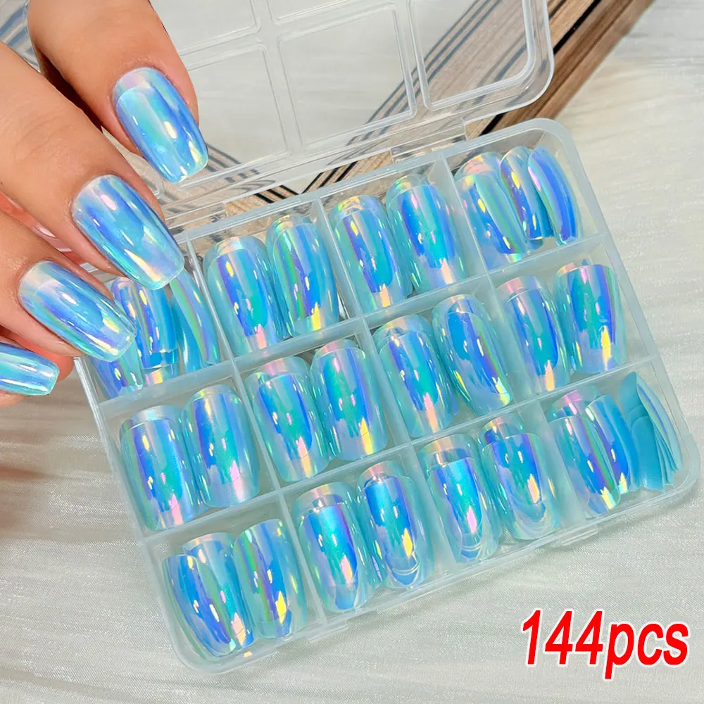 144pcs Blue Electroplated Press On Nails Medium Squared Fake Nail Tips For Women Holographic Sparkly Glossy False Nail Extension