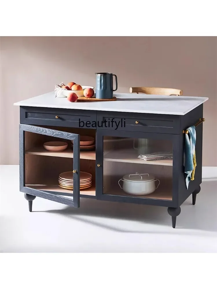 

French Retro Solid Wood Simplicity Multi-Functional Cupboard Movable Bar American Style with Storage Kitchen Island furniture