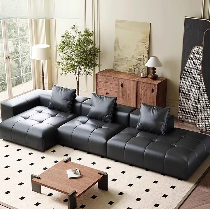 Italian minimalist pixel module tofu block leather sofa villa large flat living room combination straight row