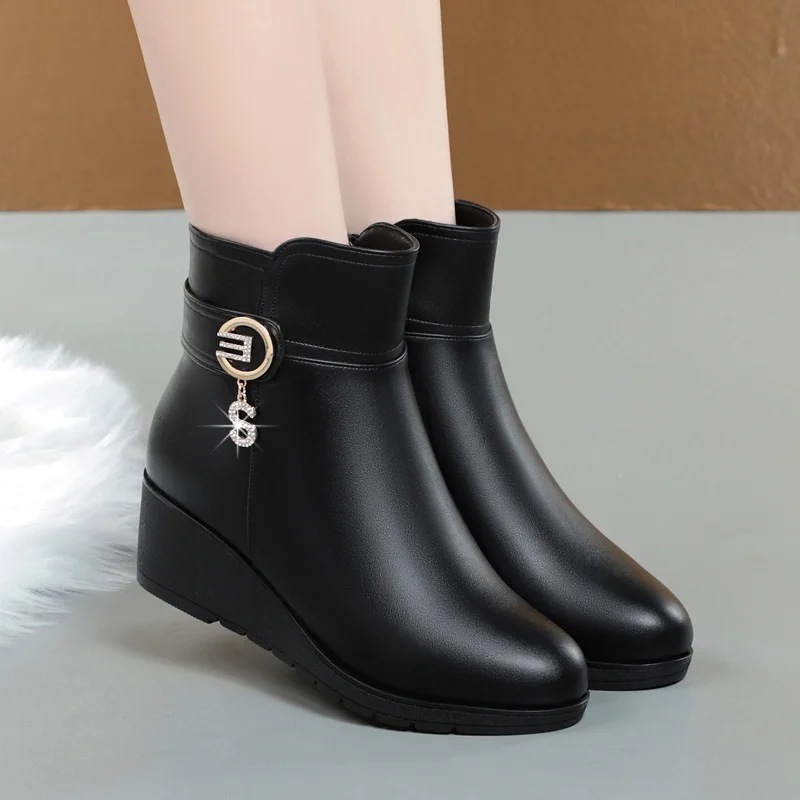 Winter Warm Women Wedges Thick Plush Ankle Boots Zipper Comfort Outdoor Snow Elegant Fashion Anti-slip Mother Cotton Shoes