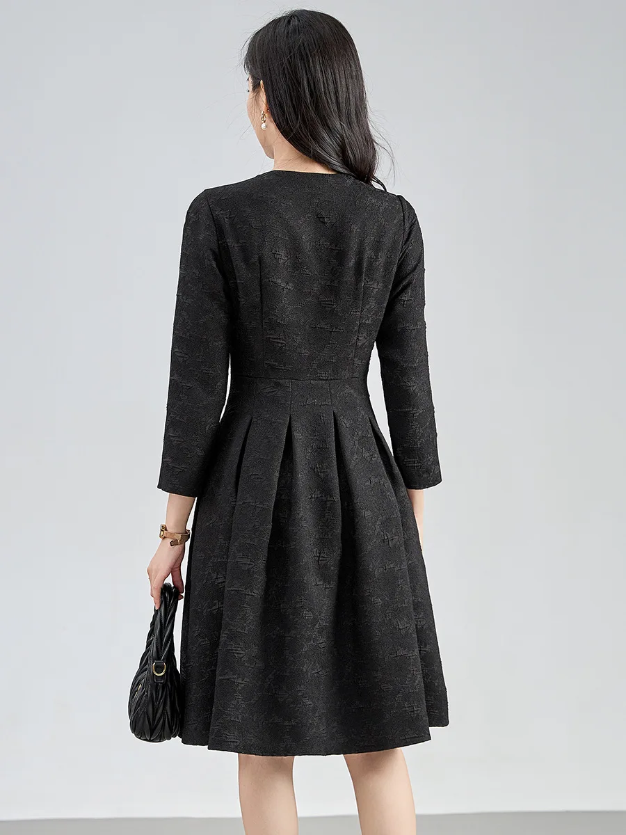 ZJYT Elegant Autumn Long Sleeve Black Jacquard Dresses for Women 2024 New Vintage Casual Short Dress Vestido Femininos