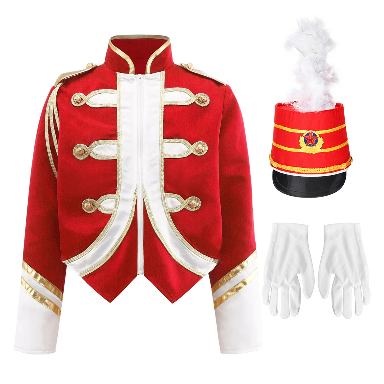 

Kids Boys Trumpet Honor Guard Team Uniform Jacket Drum Major Coat Long Sleeve Zip Up Coat with Hat and Gloves Cosplay Outfit Set