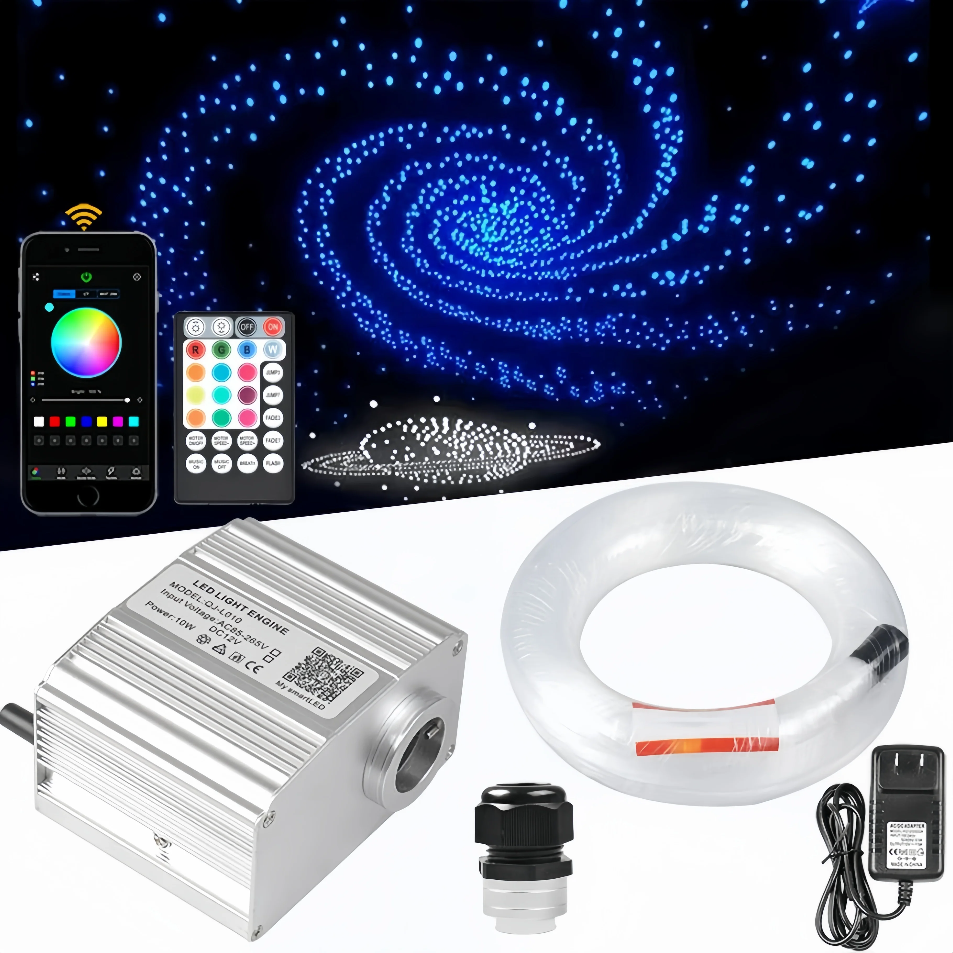 Remote controlled 10W APP RGBW 4-level Speed Twinkle LED Star Ceiling APP Smart Light Engine Driver+Fiber Optic end cable KIT