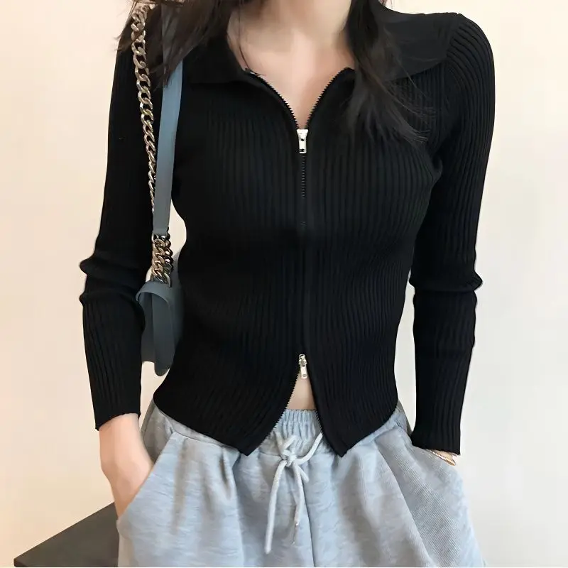 Knitted T-shirts Women 5 Colors Crop Tops Casual Soft Zipper All-match Slim Korean Style Simple Fashion Tender Classic Harajuku