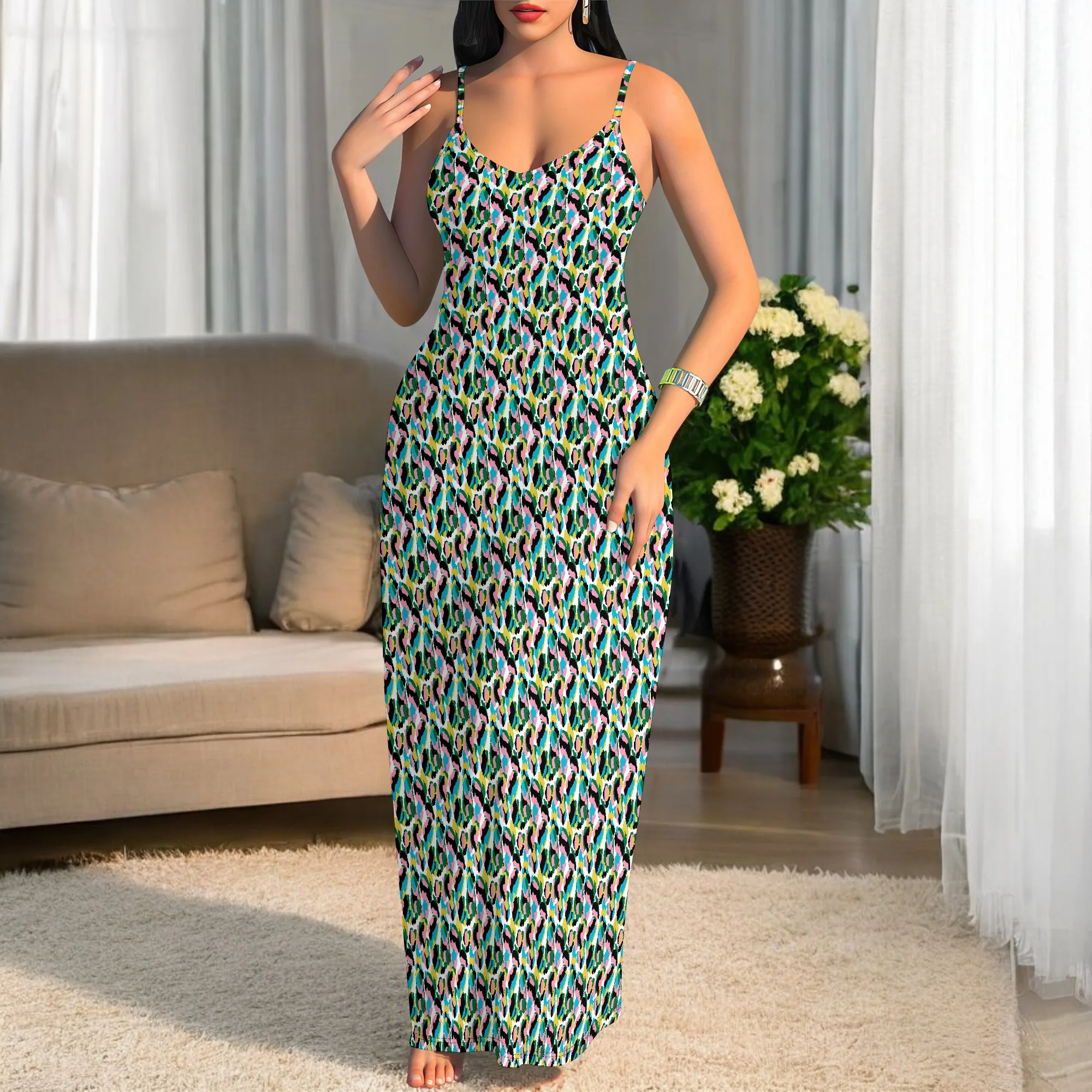 

Women Maxi Dress Sexy Leopard Print Stylish Spaghetti Strap for Casual Elastic Comfort