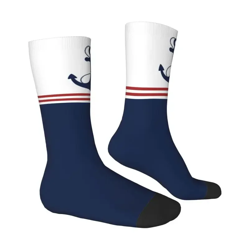 Nautical Navy Blue Anchor With Stripes Mens Crew Socks Unisex Funny Sailing Sailor Spring Summer Autumn Winter Dress Sock