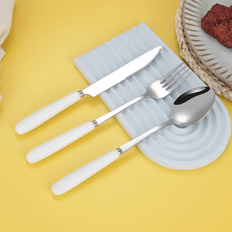 1Pcs Milk White Ceramic Tableware Kitchen Cutlery Steak Knife Dinner Fork Teaspoon Dessert Cake Fork Chopsticks Steel Coffee