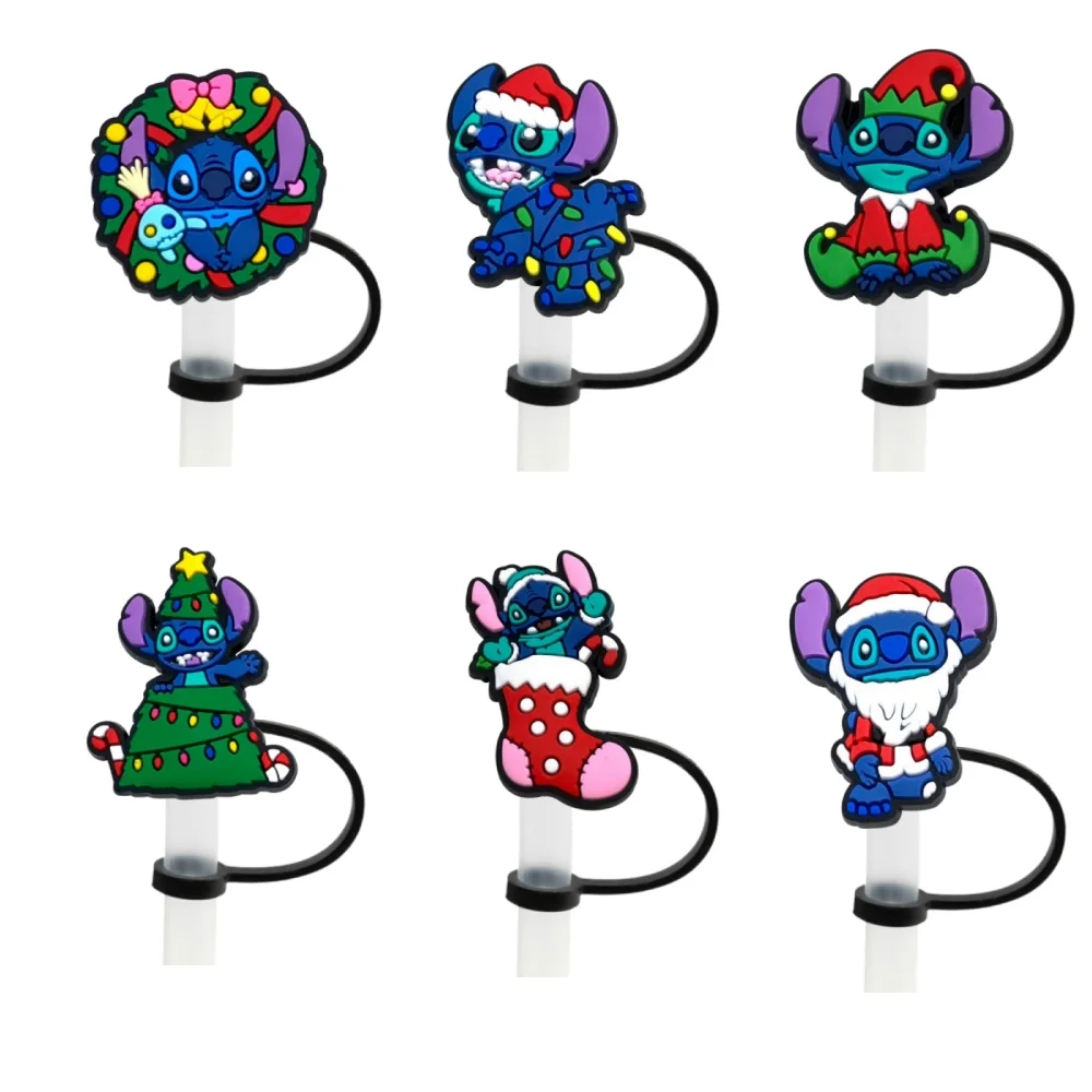 

1-6PCS Disney Christmas Stitch Cartoon Straw Cover Cap 10MM Silicone Drink Straw Plug Eco-friendly Splash Proof Drink Cap Gifts