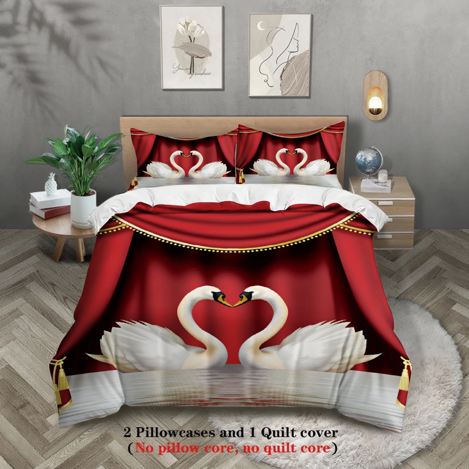 

3pcs Swan Couple Bedding Sets 3D Printed Romantic King Full Size For Couples Gifts Duvet Cover With 2 Pillowcases Bedroom Decor