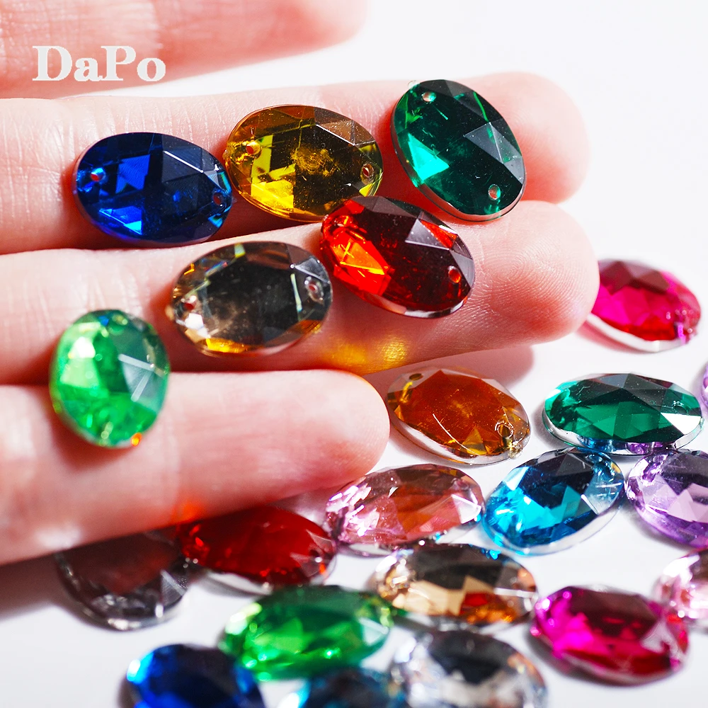 Elliptical shape Flatback Two Hole Sew Crystal clear Rhinestone color mixing Acrylic for Dress DIY decorative Arts Gem 10*14mm