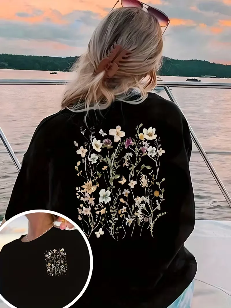 Women's Casual Short Sleeve T-Shirt with Double-sided Pastel Flowers Print Round Neck Relaxed Fit, All-Season Ladies T Shirts