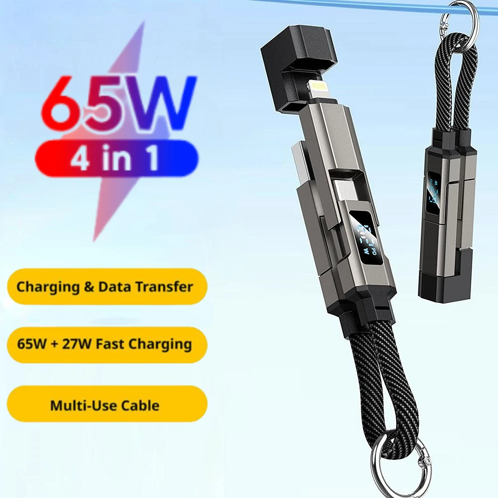65W Super Fast Charging 4 In 1 Keychain Cable, LED Digital Display Braided Short Data Cord For IPhone 17 Android