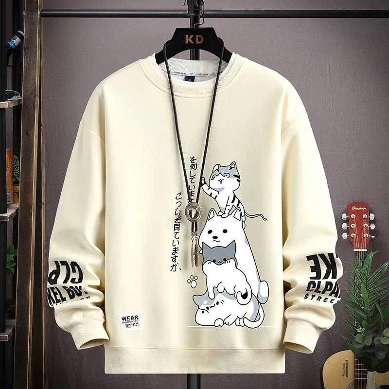 Autumn Men's Sweatshirt Japan Cartoon Cat Printed Top Harajuku High Street Long Sleeve T-shirt Casual Fashionable Men's Clothing