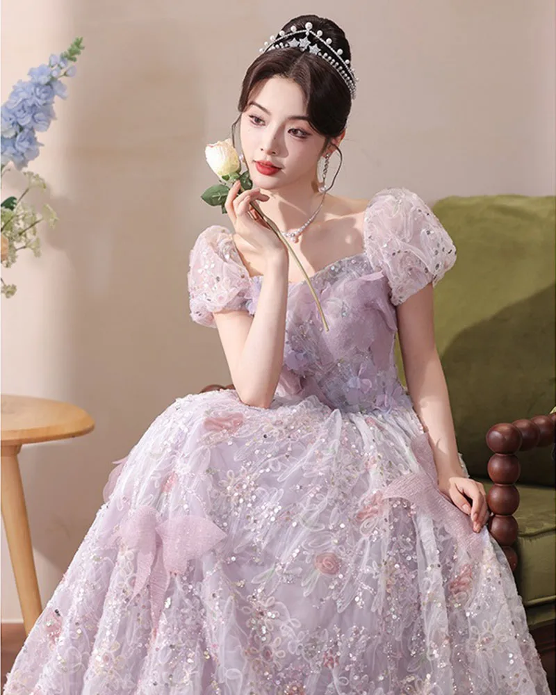 

2025 New Purple Party Evening Dress, Ethereal Style Bubble Sleeves Ruffled Chiffon Princess Dress For Elegant Long Party Dress