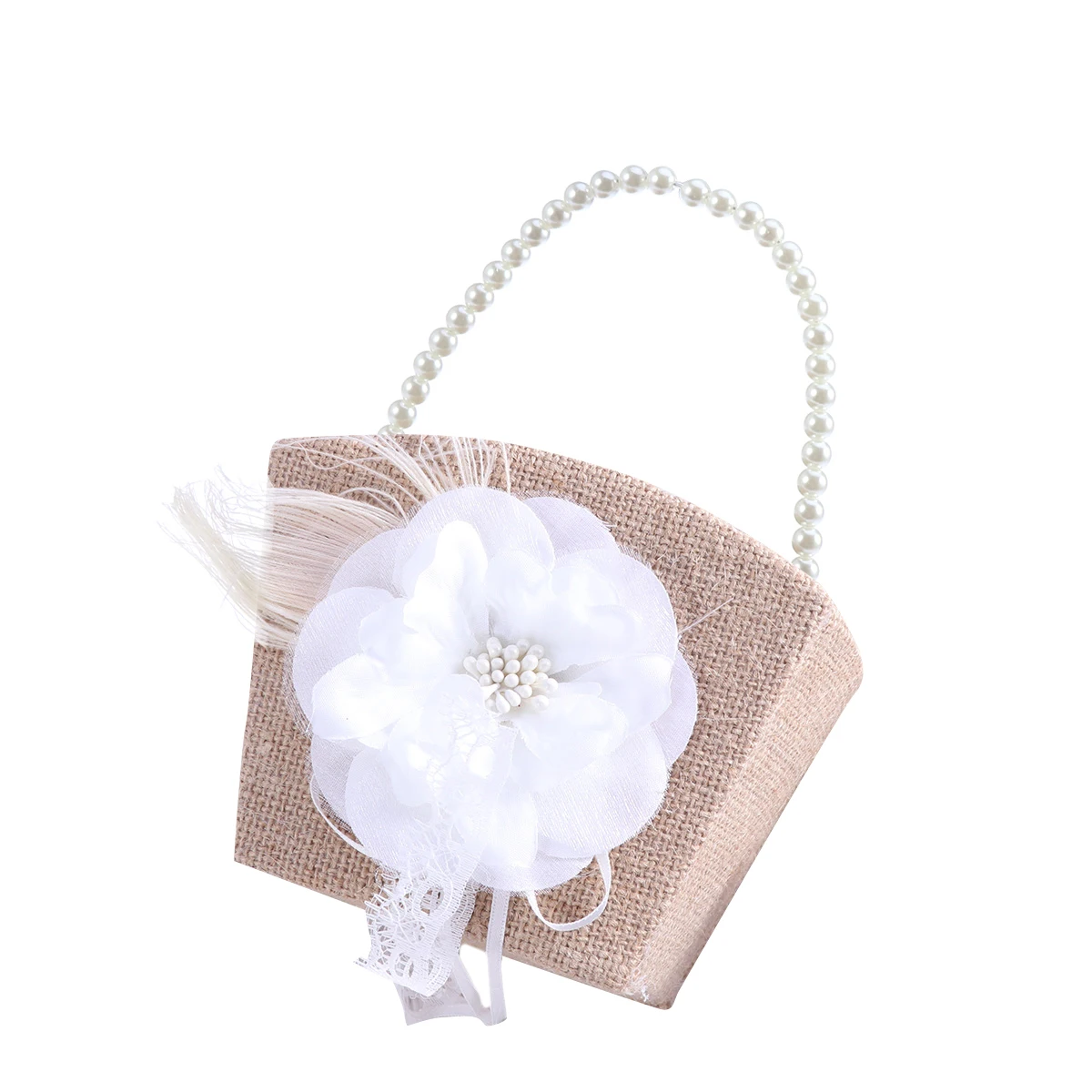 

Flower Girl Basket 13.5x9cm Brown White Wedding Decor Polyester PVC Pearl Burlap 23cm Handle Ideal Bride Party Aisle Storage