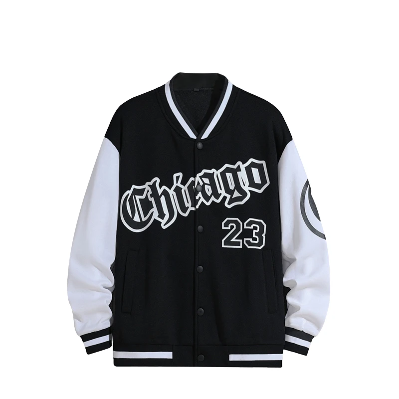 Męski nadruk z napisem kurtka Varsity w stylu Vintage zapinana kontrastowy kolor kurtka baseballowa płaszcze Streetwear