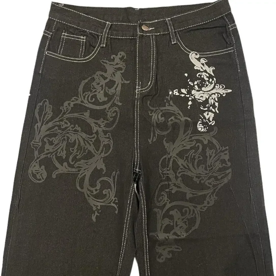 Men's Dragon Printed Baggy Jeans, Calça de Perna Larga 00s, Hip Hop, Harajuku, Gótico, Preto, Versátil, Vintage, Rua, Hetero, Largo