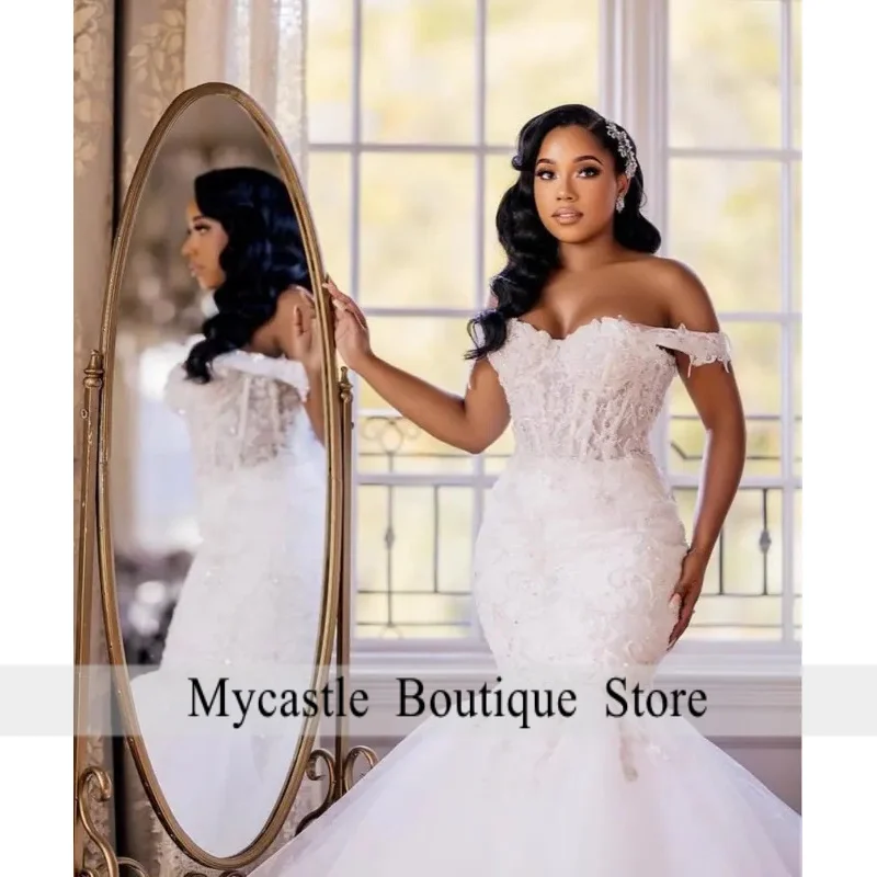 African Mermaid Wedding Gowns For Brides 2026 Off Shoulder Applique Lace Up Closure Sweep Train Beaded Bridal Gowns Customized