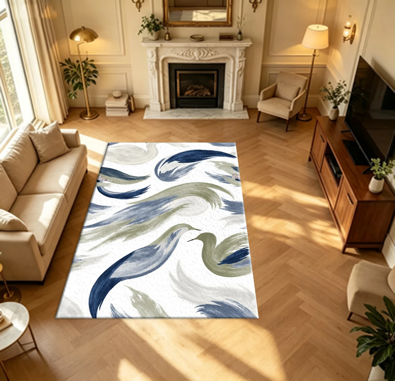 Abstract Blue Sage Brush Stroke Swirl Art Carpet Flooring Creative Modern Household Indoor Decor Area Rug