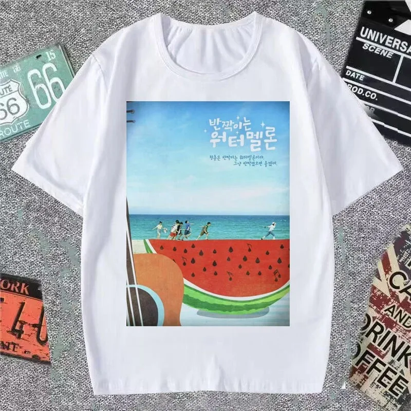 Korean Style Simple Watermelon Sugar Choi Hyun Wook Hip Hop Kpop Raper Twinkling Shiny Short Sleeve Tshirts Unisex Summer Cotton