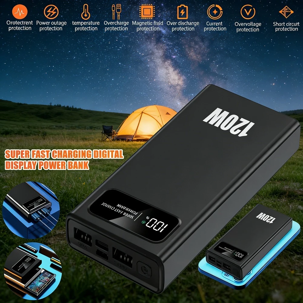 

Портативное зарядное устройство 120W Super Fast Charging Power Bank 20000mAh с LCD-дисплеем, быстрая зарядка PD 66W 22.5W для путешествий, кемпинга и активного отдыха