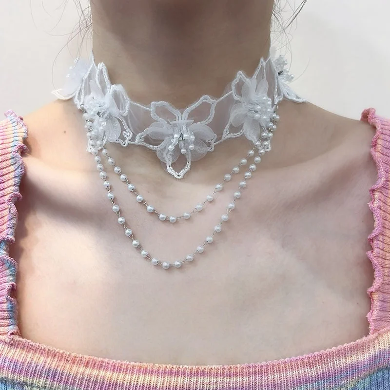 

Romantic French Style Sweet Flower Pearl Lace Necklace For Ladies Fashionable And High End Collar Chain Neck Ring