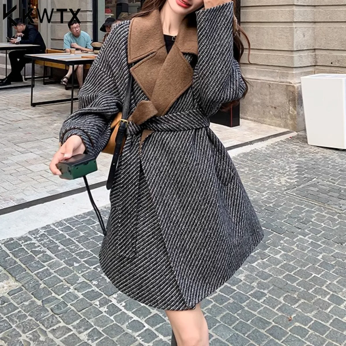 

KWTX Women’s Tweed Coat 2025 New Color Block Striped Notch Collar Single Breasted Mid-Length Belted Vintage Coat Autumn Winter