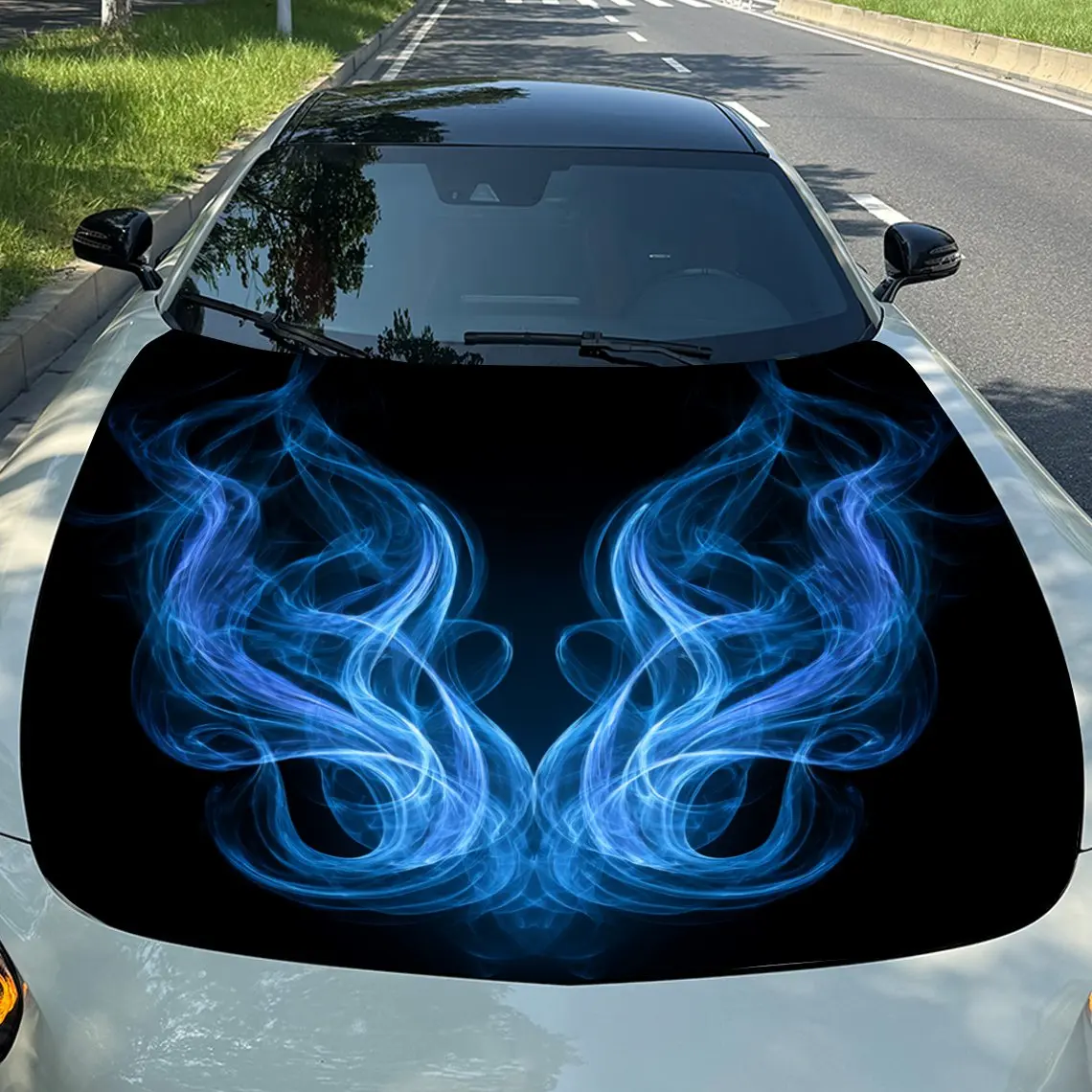 

Blue Flame Symbol Car Vinyl Wrap, PVC Waterproof Car Hood Sticker, Self-Adhesive Scratch-Resistant Stickers For Engine Cover, Ca